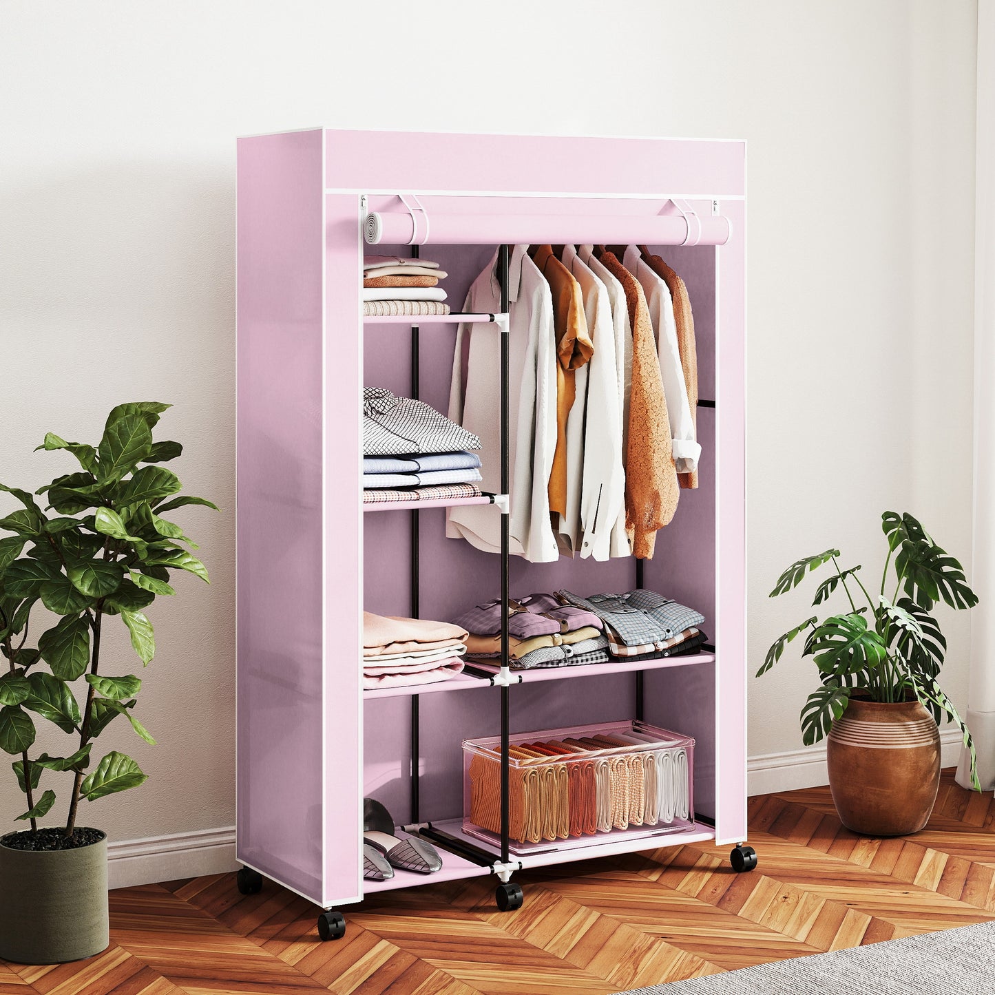 HOMCOM Fabric Wardrobe With Shelves And Hanging Rail Foldable Wardrobe Pink Portable Clothing Storage
