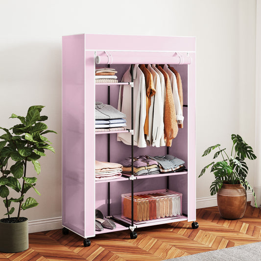 HOMCOM Fabric Wardrobe With Shelves And Hanging Rail Foldable Wardrobe Pink Portable Clothing Storage