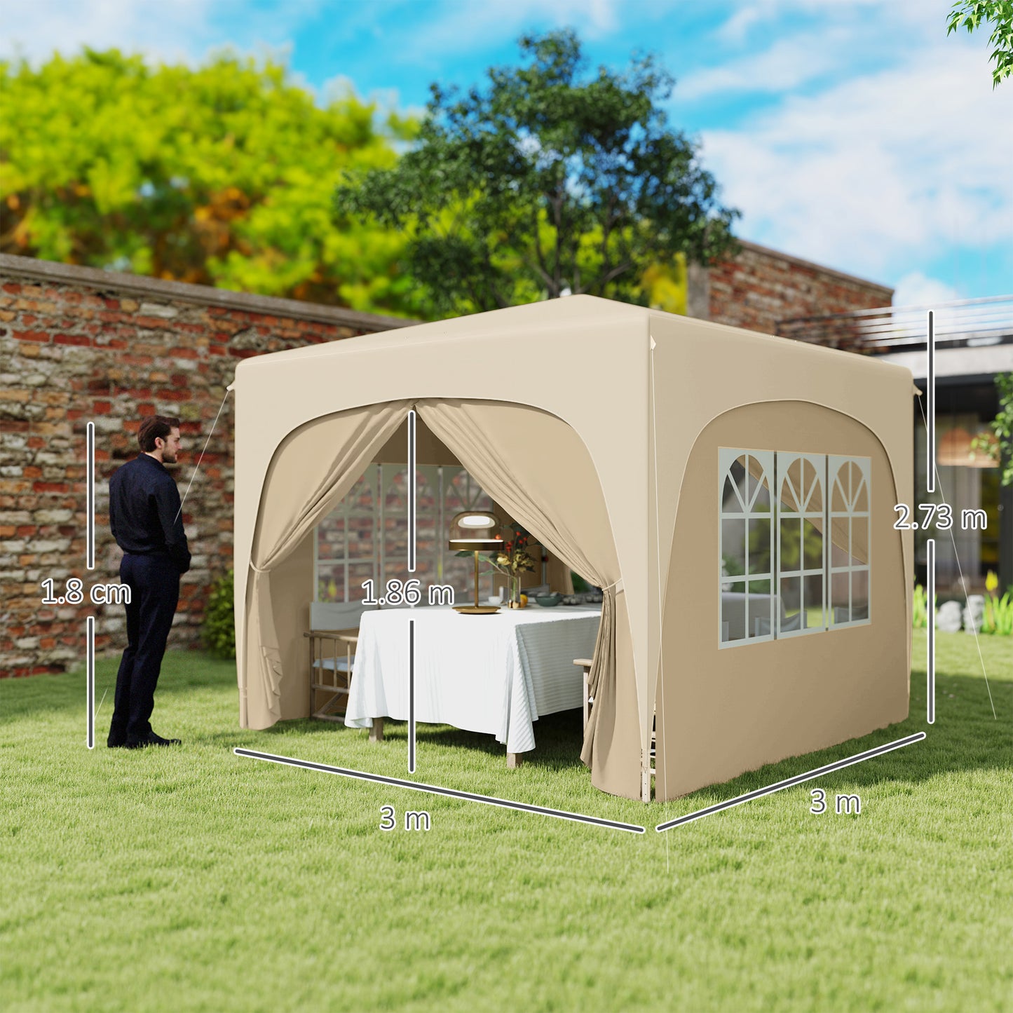 Outsunny 3x3m Pop Up Gazebo Shelter UPF50 Canopy UV Protection Adjustable Height 253cm 263cm 273cm Sand