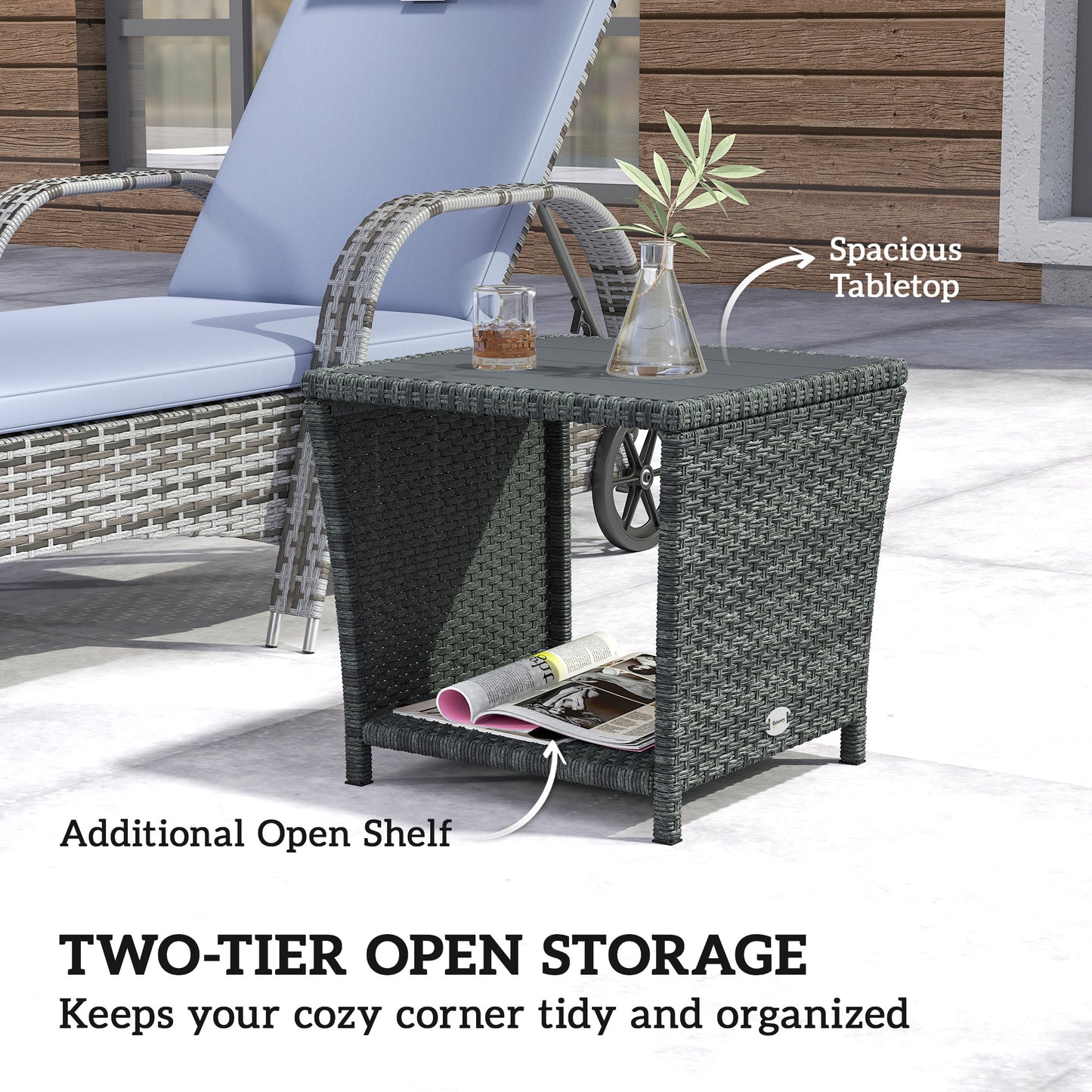 Outsunny 2 Tier Outdoor Side Table With Storage Shelf PS Wood Slat Top Grey Patio Coffee Table