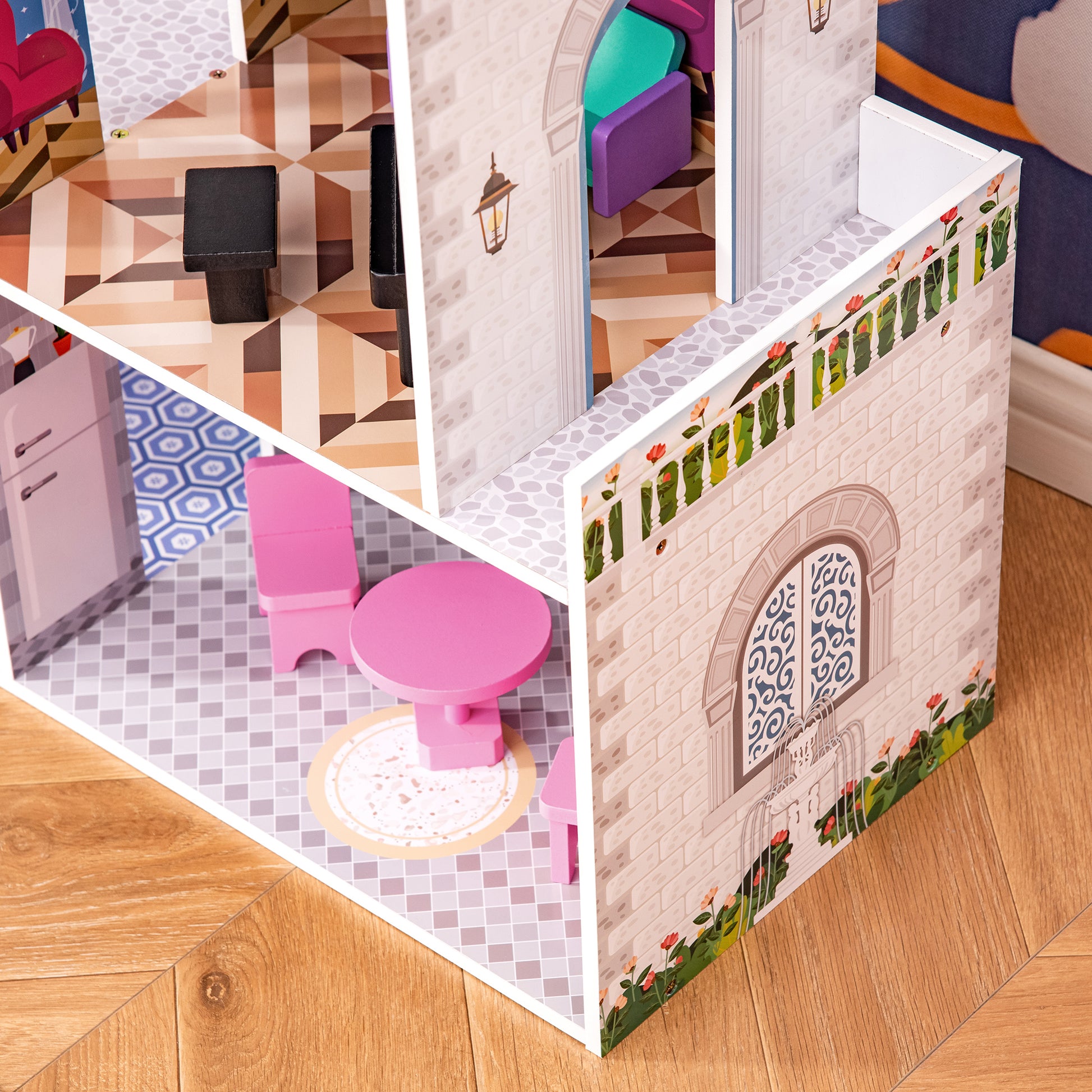 HOMCOM Multi-Level Pink Dollhouse Villa with Furniture Set for Toddler Girls - ALL4U RETAILER LTD