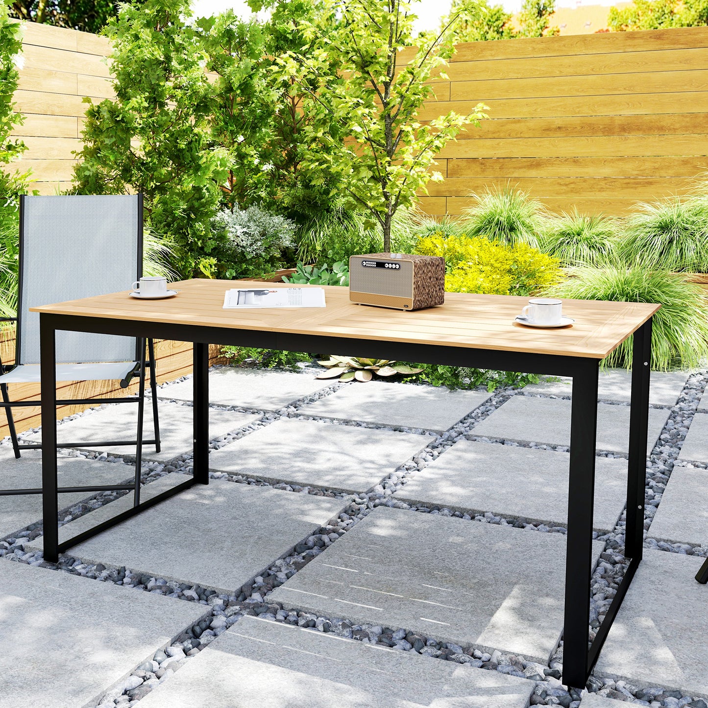 Outsunny 6 People Outdoor Dining Table With Slatted Wood Effect Top And Metal Frame 160 x 80 x 75 cm For Balcony