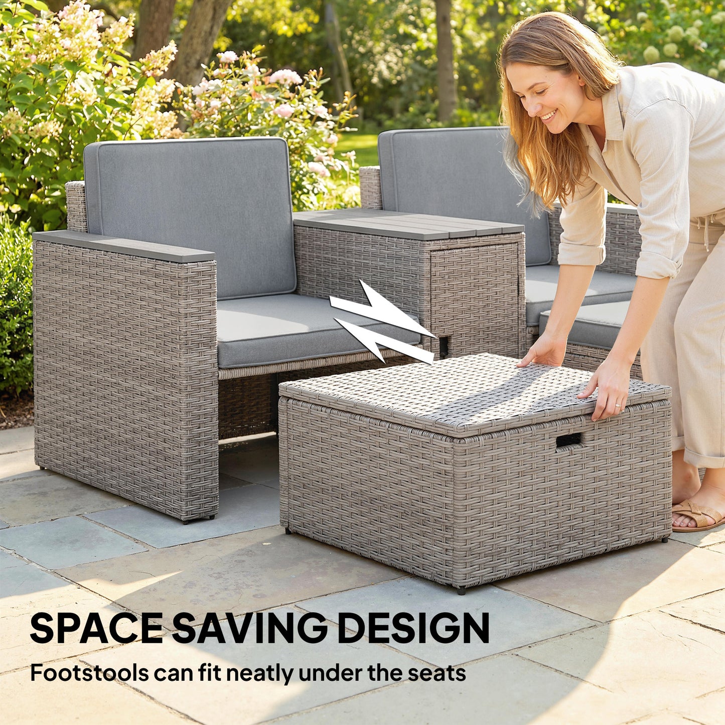 Outsunny 5 Piece Rattan Garden Furniture Set with Storage Table Cushions and Footstools in Dark Grey for Outdoor Patio