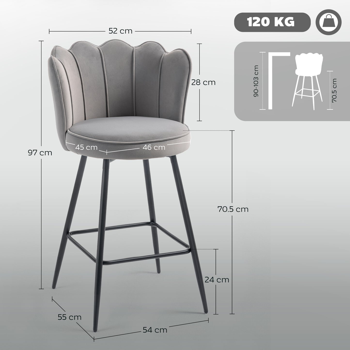 HOMCOM Set Of Two VelvetFeel Lotus Back Bar Stools Grey With HighDensity Foam And Steel Frame