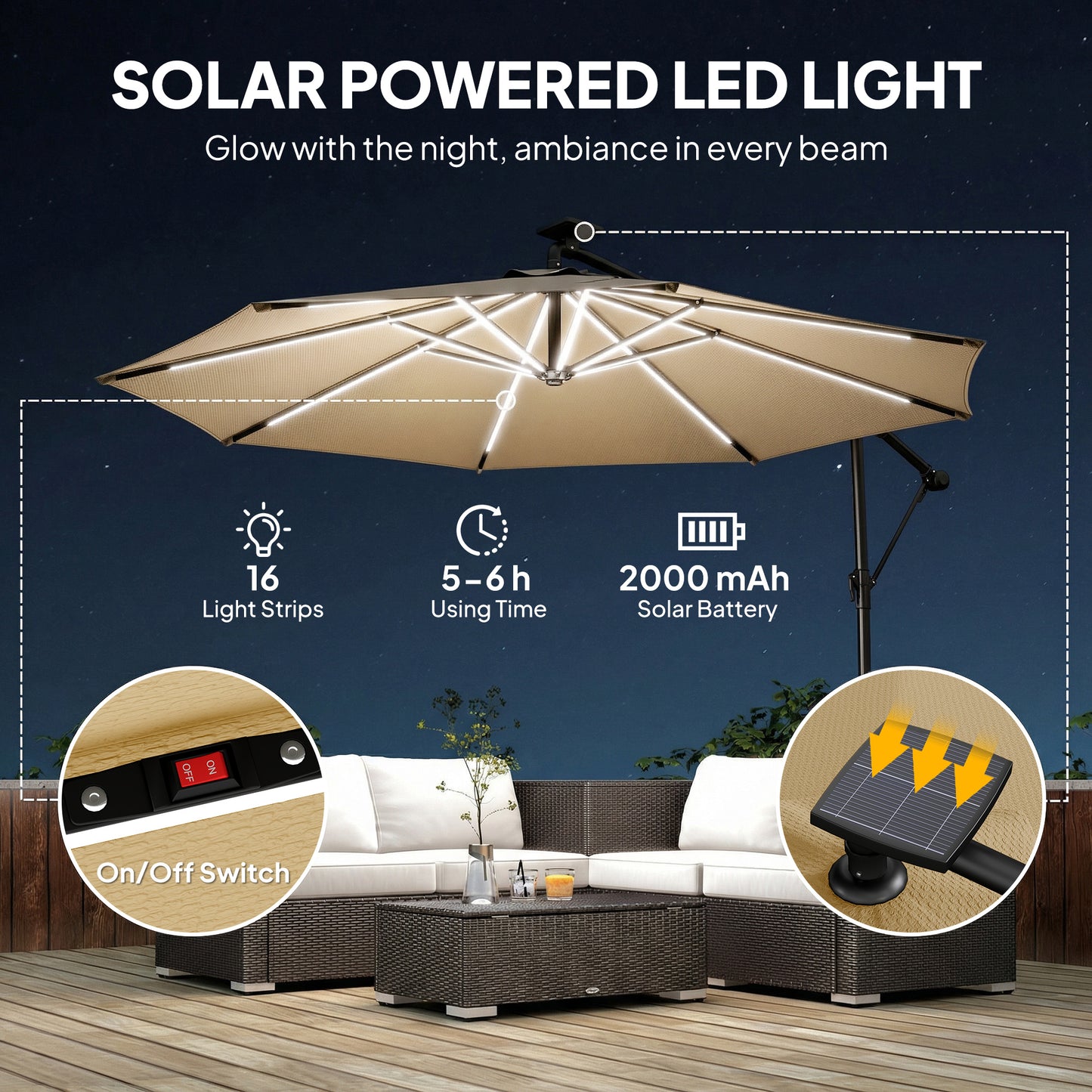 Outsunny Three Meter Cantilever Parasol With LED Solar Lights Round Umbrella 360 Degree Rotation Khaki Cover
