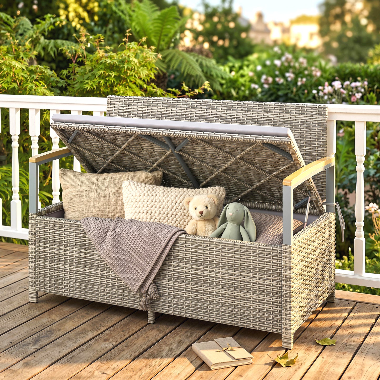 Outsunny 170 L Garden Storage Bench Zipped Liner 2 Seater Rattan With Gas Strut Cushion Light Grey