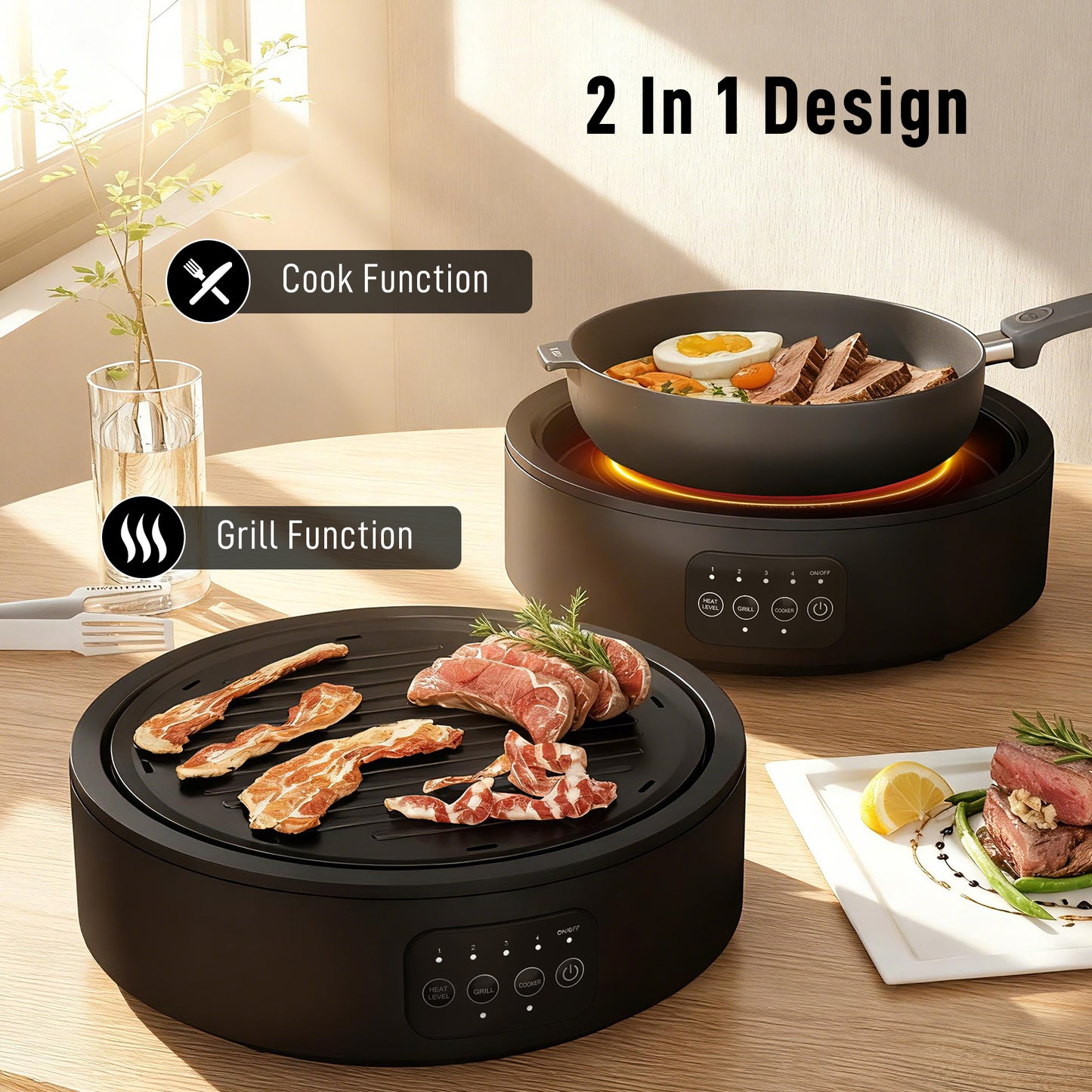 HOMCOM Electric Ceramic Hob With Grill Plate Dual Mode 36cm Plug In Hot Plate With 4 Heat Levels For All Type Pots