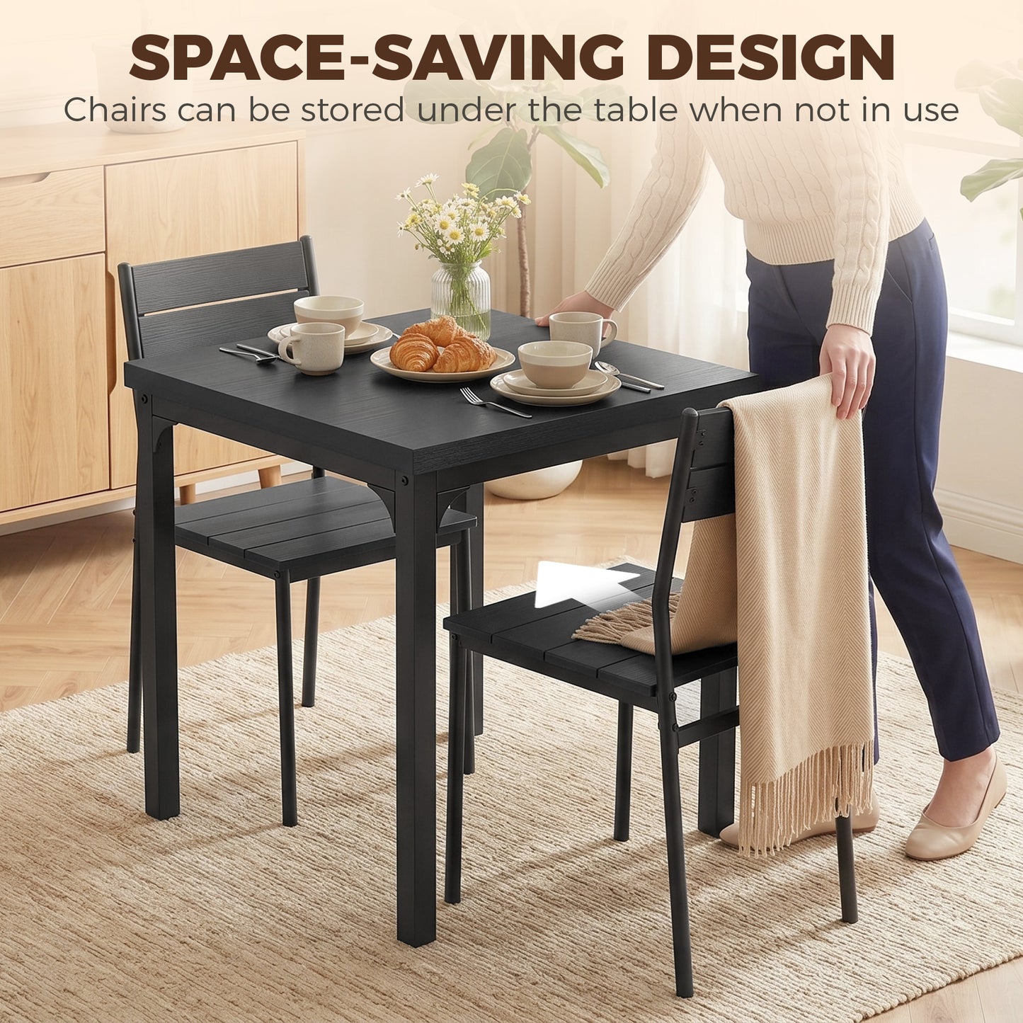 HOMCOM 3 Piece Space Saving Kitchen Table And Chairs Set For 2 With Metal Legs Black Wood Effect