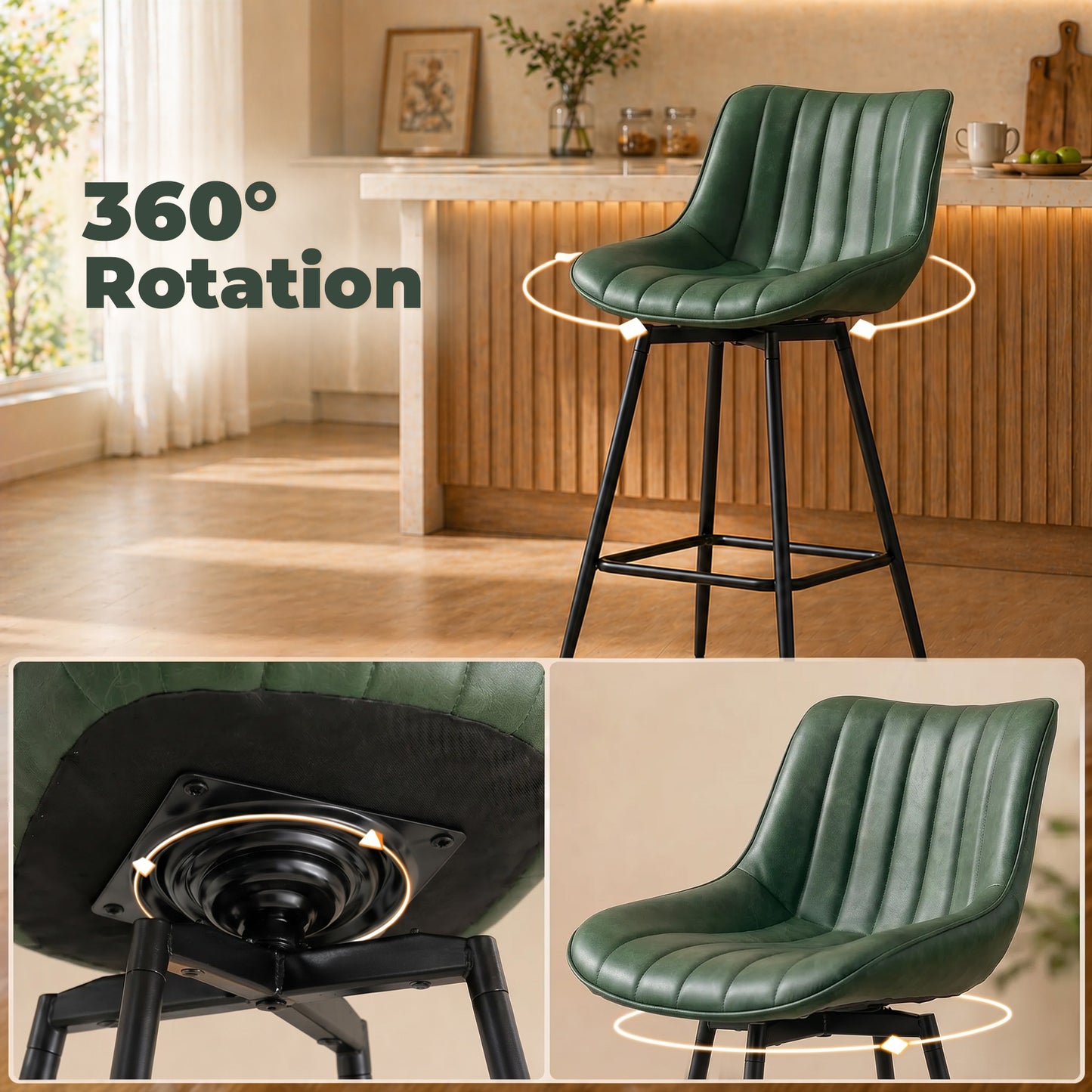 HOMCOM Set Of 2 PU Leather Swivel Bar Stools Dark Green For Kitchen Island With 360 Degree Swivel