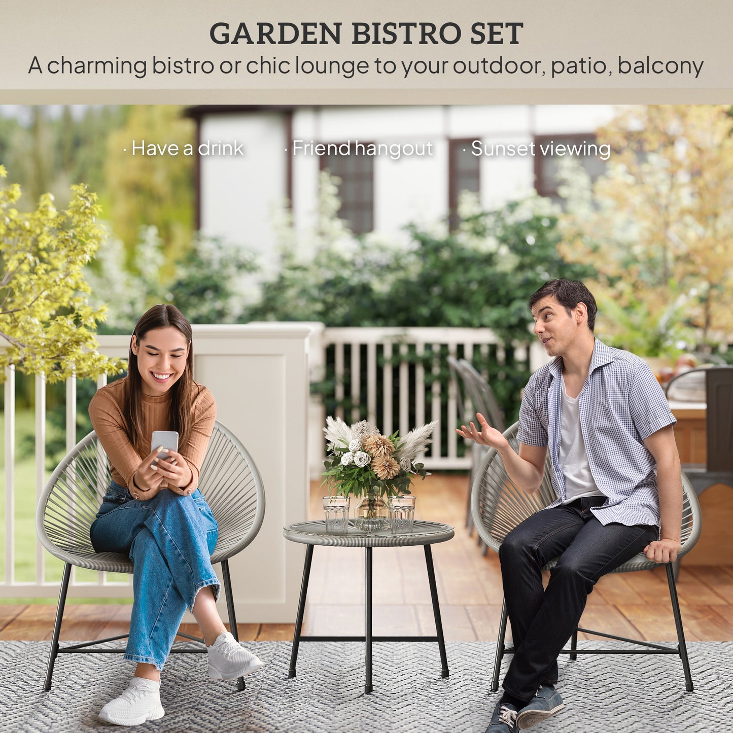 Outsunny 3 Piece Rattan Bistro Set With Acapulco Chairs Glass Top Table Reinforced Metal Frame For Outdoor Patio Grey