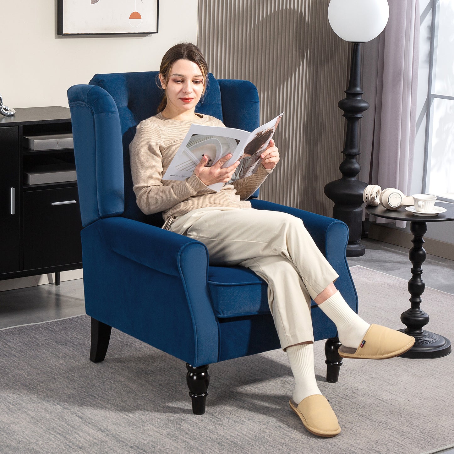 HOMCOM Wingback Accent Chair Retro Upholstered Button Tufted Occasional Chair For Living Room And Bedroom Blue