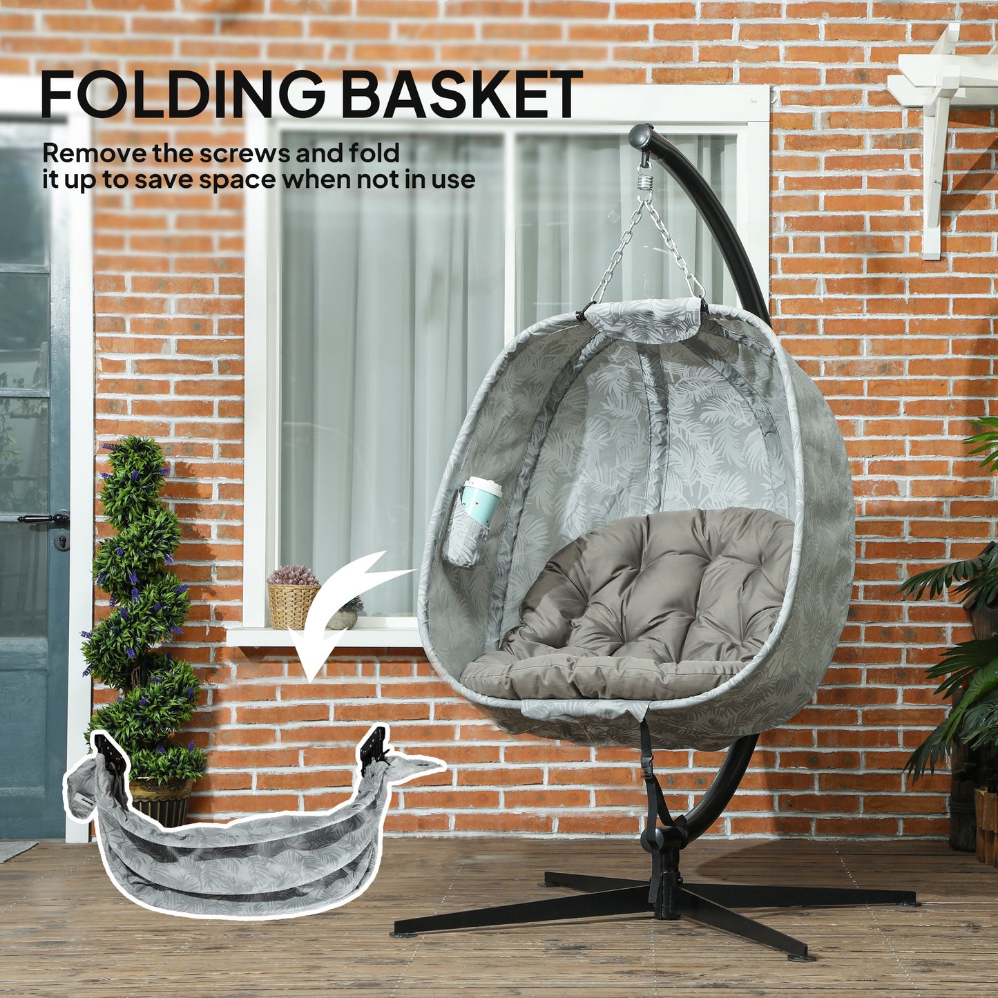 Outsunny Hanging Egg Chair With Stand And Folding Basket Thickened Cushion Cup Holder Sand Brown Patio Balcony Garden