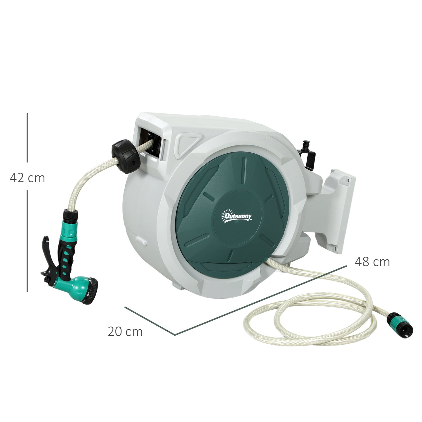 Outsunny Retractable Wall Mounted Hose Reel 20m Plus 2m With Auto Rewind 180 Degree Swivel 7 Way Nozzle