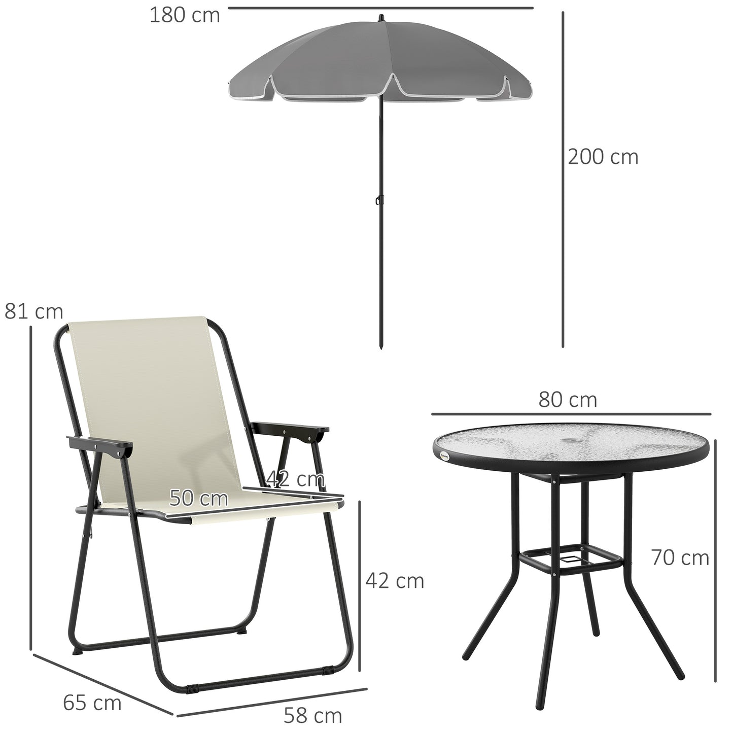 Outsunny 4 Seater Garden Furniture Set With Round Glass Top Table And Folding Chairs Parasol For Patio Cream White
