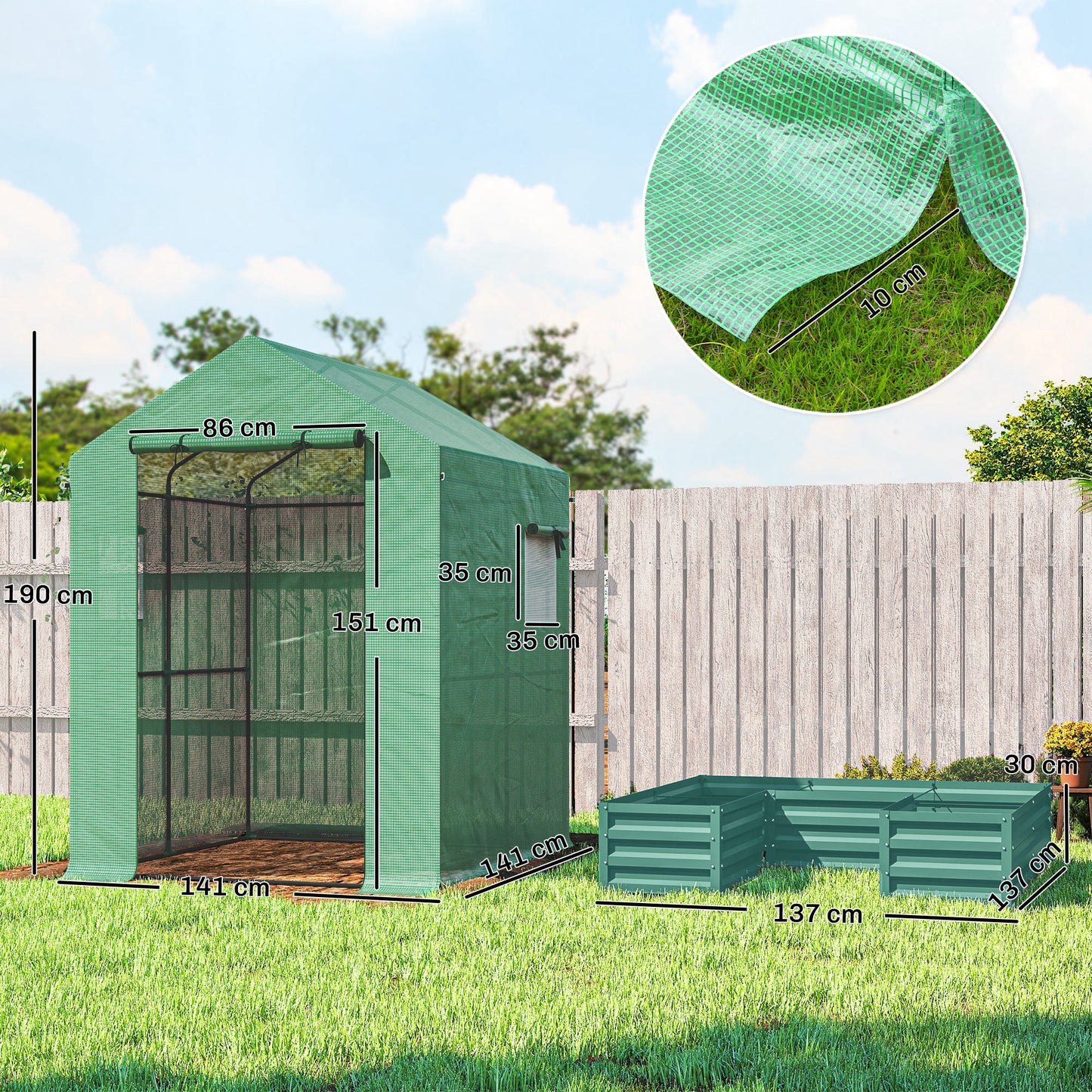 Outsunny Small Greenhouse With Raised Garden Bed Walk In Greenhouse With Roll Up Windows 141 X 141 X 190 Cm Green