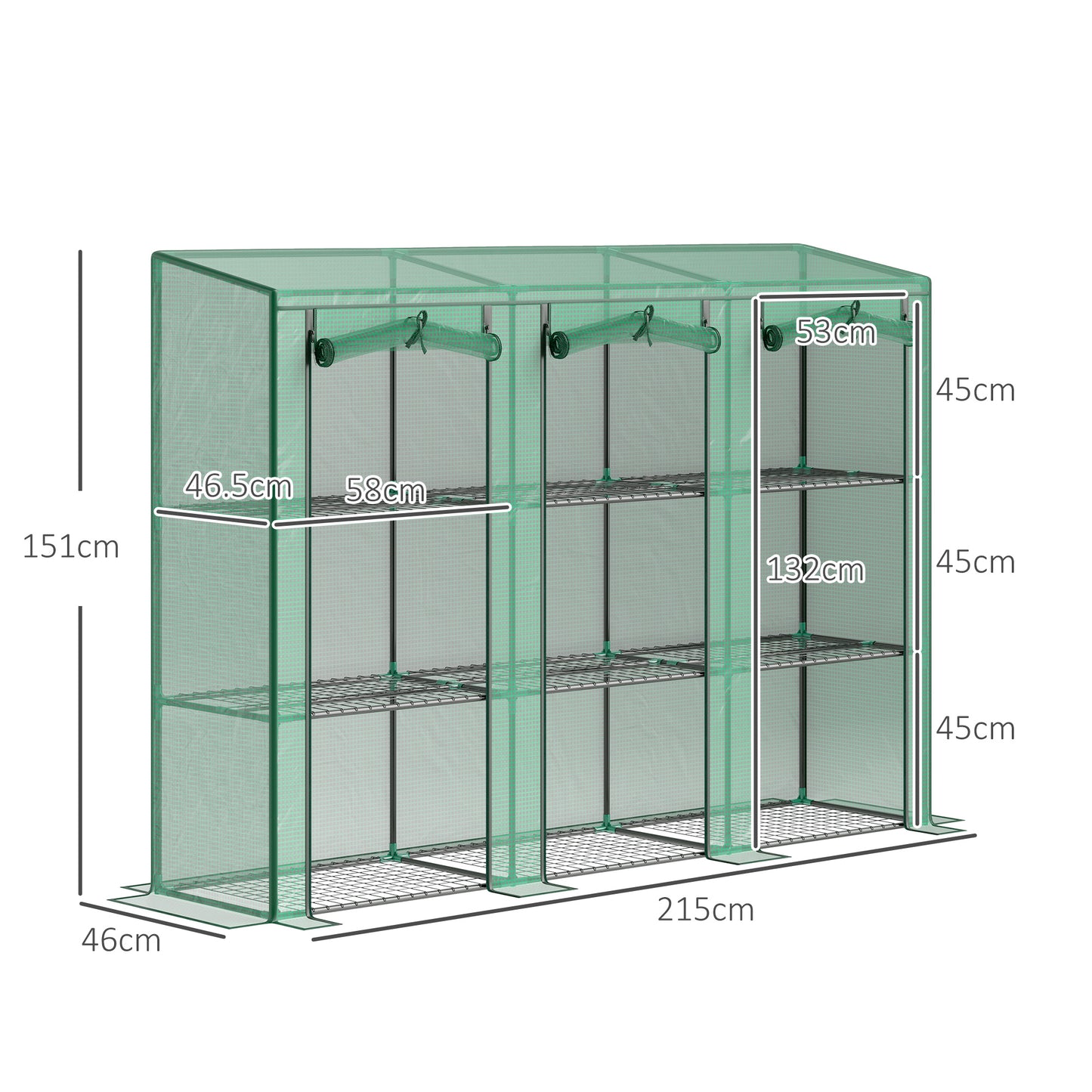 Outsunny 46 X 215 Cm Three Tier Plastic Greenhouse With PE Cover And Roll Up Doors For Plants