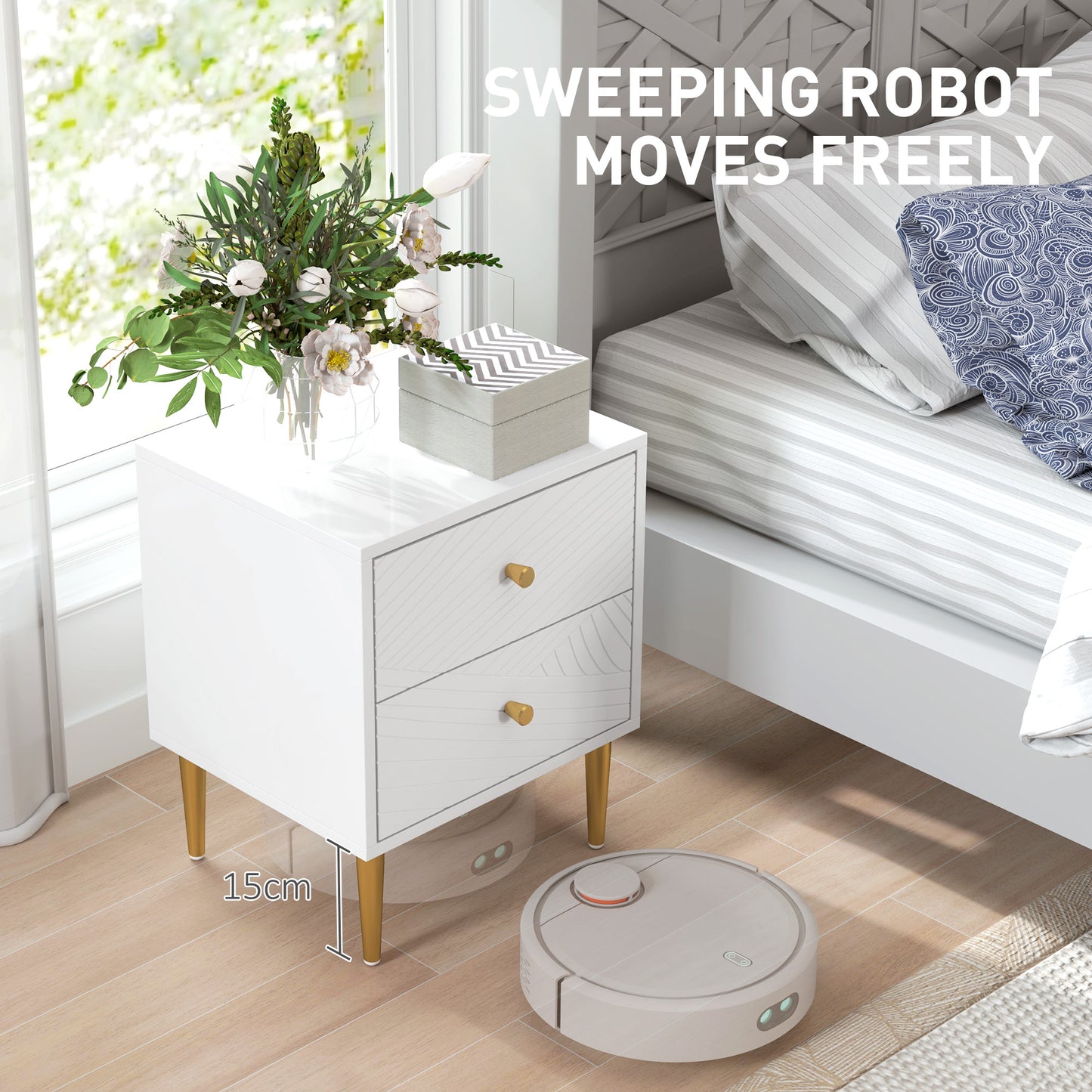 HOMCOM Elegant White And Gold Tone Two Drawer Bedside Table With Metal Legs And Spacious Storage