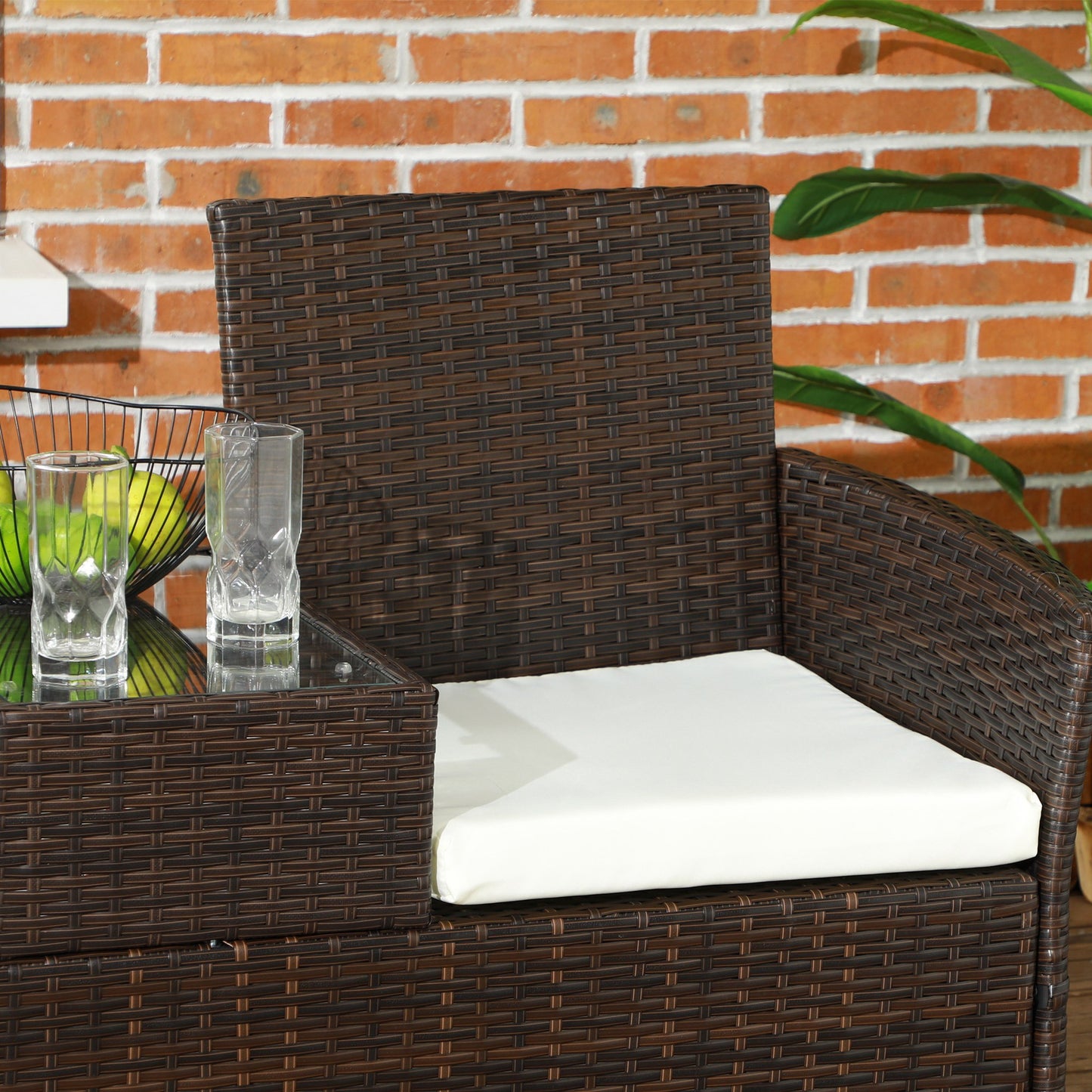 Outsunny Dual Seat Rattan Lounge Chair Set with Center Table - Brown - ALL4U RETAILER LTD