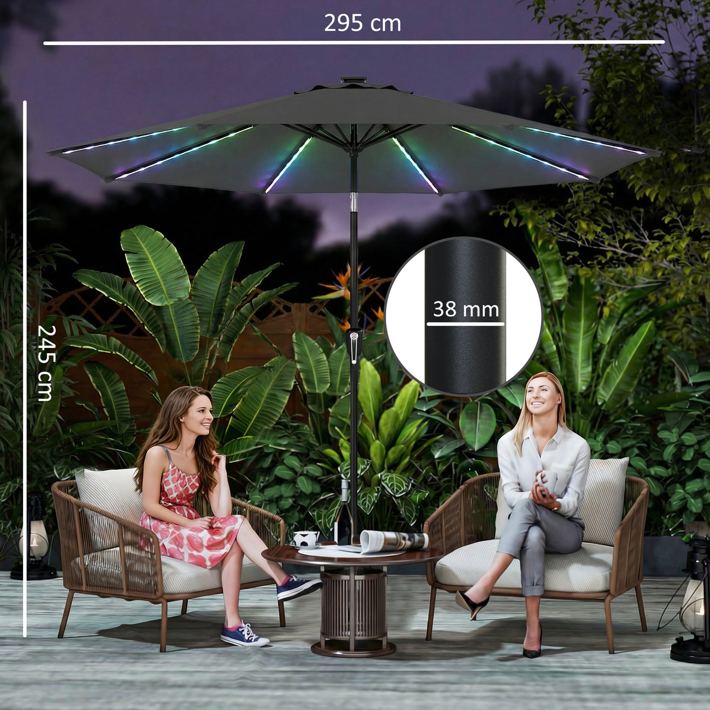 Outsunny 3 m Garden Parasol Umbrella With 112 LED Solar Lights Patio Umbrella With Crank Handle Grey