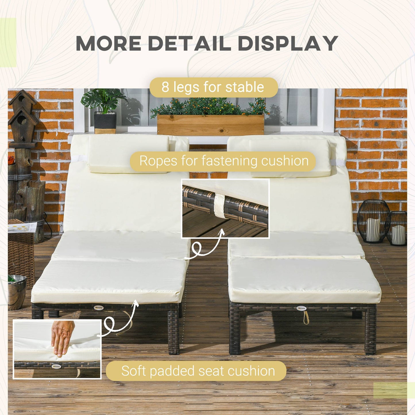 Outsuny Cream White Adjustable Rattan Lounge Chairs Set of 2 with Cushions for Outdoor Relaxation - ALL4U RETAILER LTD