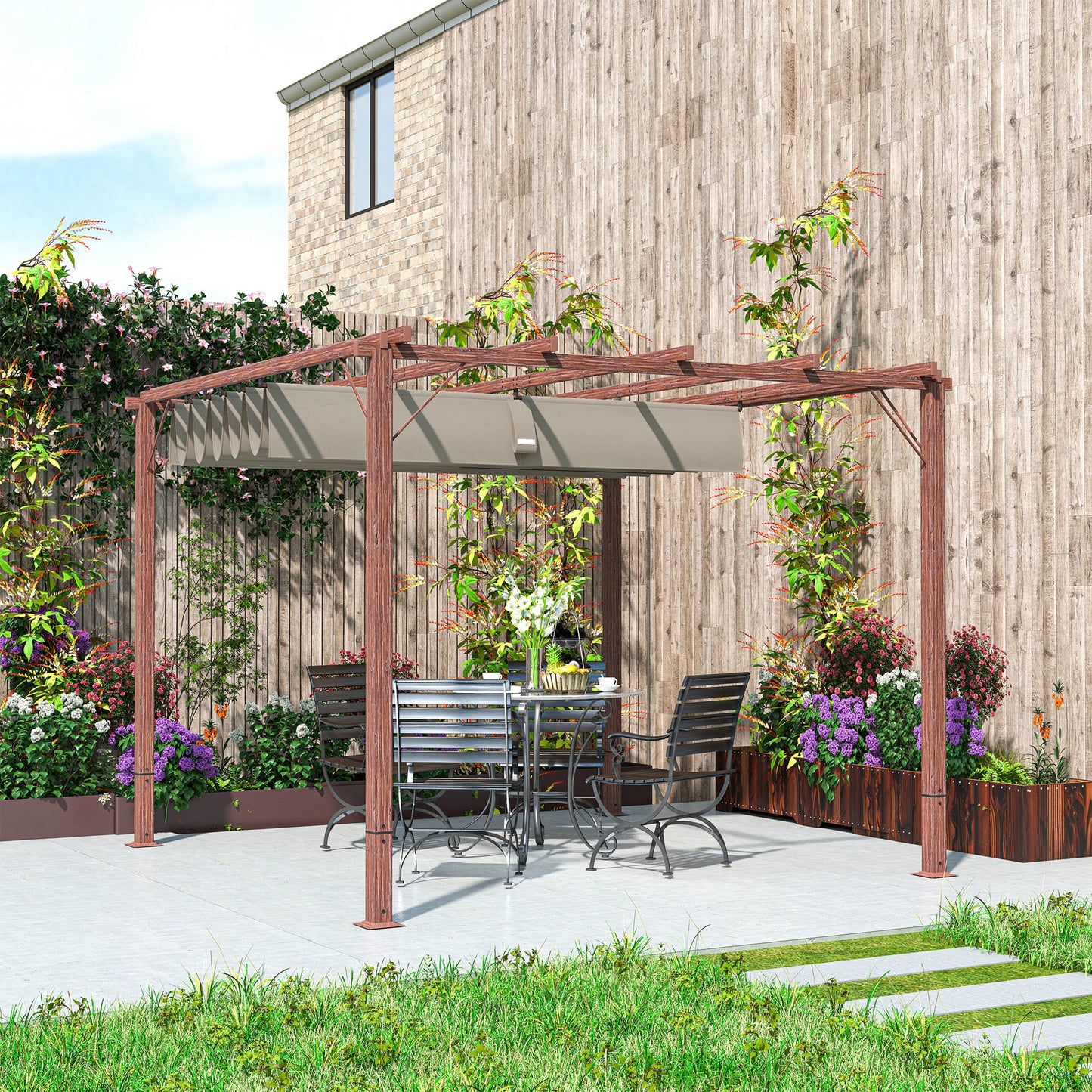 Outsunny 3 x 3 m Retractable Roof Pergola With Aluminum Frame And Natural Wood Finish