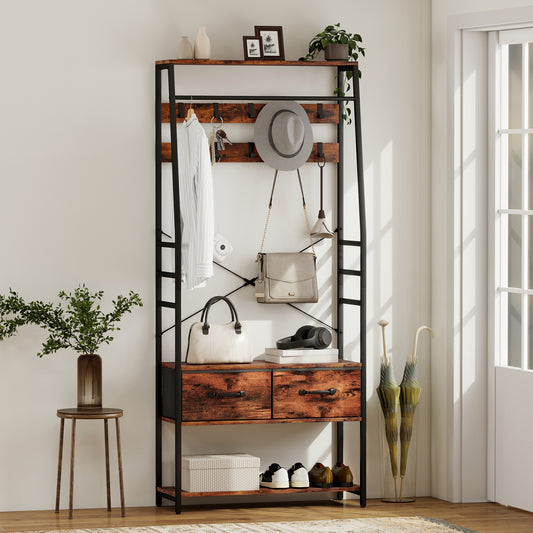 HOMCOM 6 In 1 Industrial Style Hallway Organizer With Coat Rack And Shoe Storage Brown Black