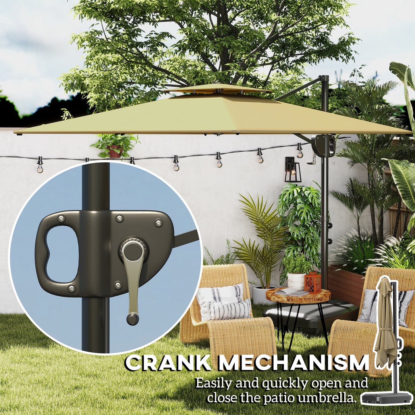 Outsunny Cantilever Parasol With Weighted Base And Crank Tilt For Garden Patio UV Protection Khaki