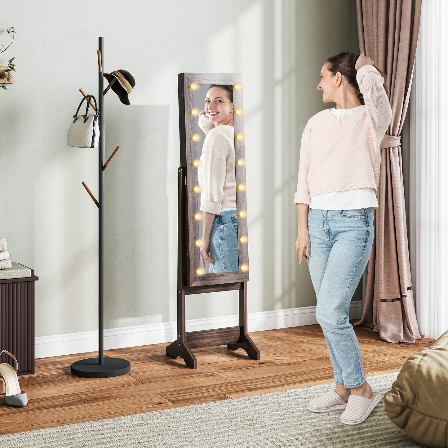 HOMCOM Freestanding Mirrored Jewellery Storage Cabinet With LED Lights And 70 Ring Slots 32 Earring Slots Dark Brown