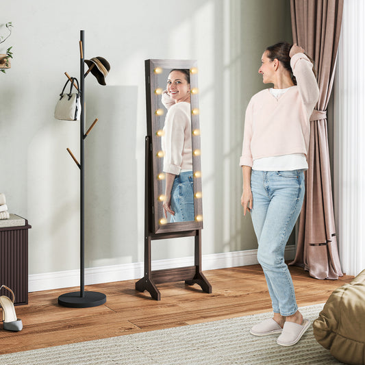 HOMCOM Freestanding Mirrored Jewellery Storage Cabinet With LED Lights And 70 Ring Slots 32 Earring Slots Dark Brown