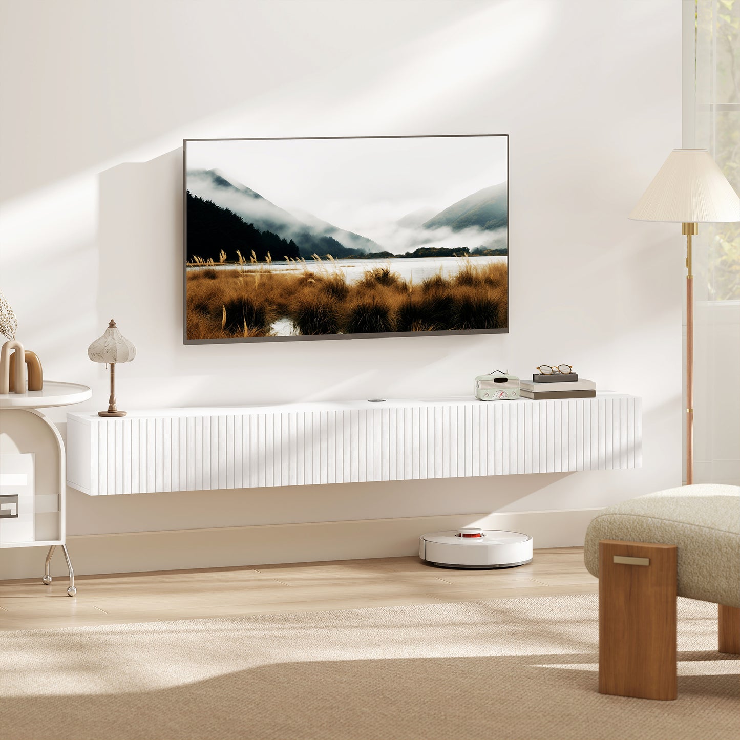 HOMCOM 80cm Floating TV Stand White For Wall Mount TV Unit With Cable Management Hole Fits Up To 72 Inch TV
