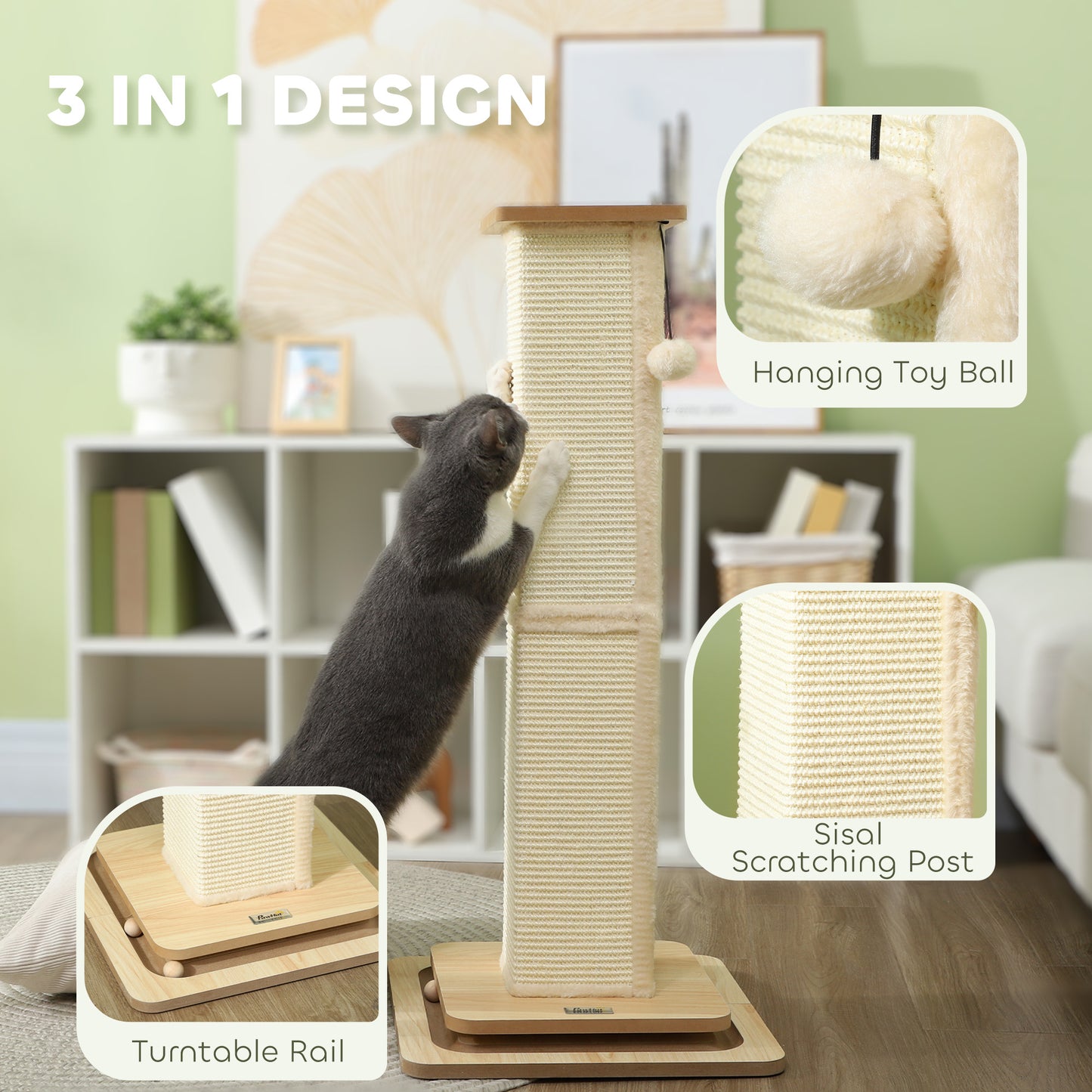 PawHut 3-in-1 Cat Scratching Post with Track Ball Toy - 87cm Oak Design