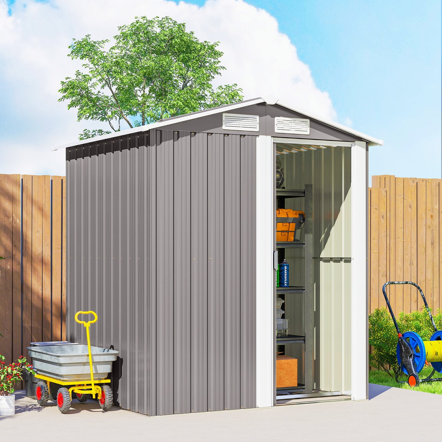 Outsunny Garden Metal Tool Storage Shed With Sliding Door Sloped Roof And Foundation Kit 152 By 132 By 188 Cm Grey
