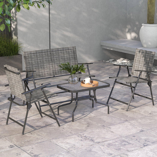 Outsunny 4 Pcs Patio Furniture Set w/ Breathable Mesh Fabric Seat, Backrest, Garden Set w/ Foldable Armchairs, Loveseat, Glass Top Table, Mixed Grey - ALL4U RETAILER LTD