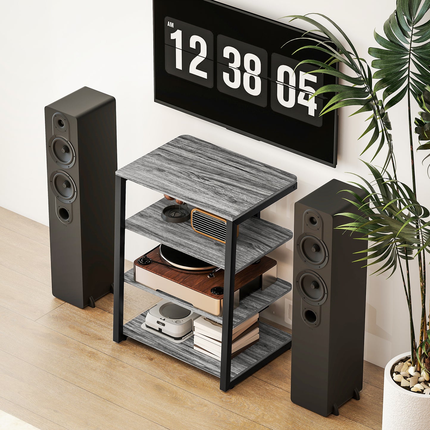 HOMCOM HiFi Stand With Four Storage Shelves In Dark Grey Adjustable Middle Shelves And Sturdy Steel Frame