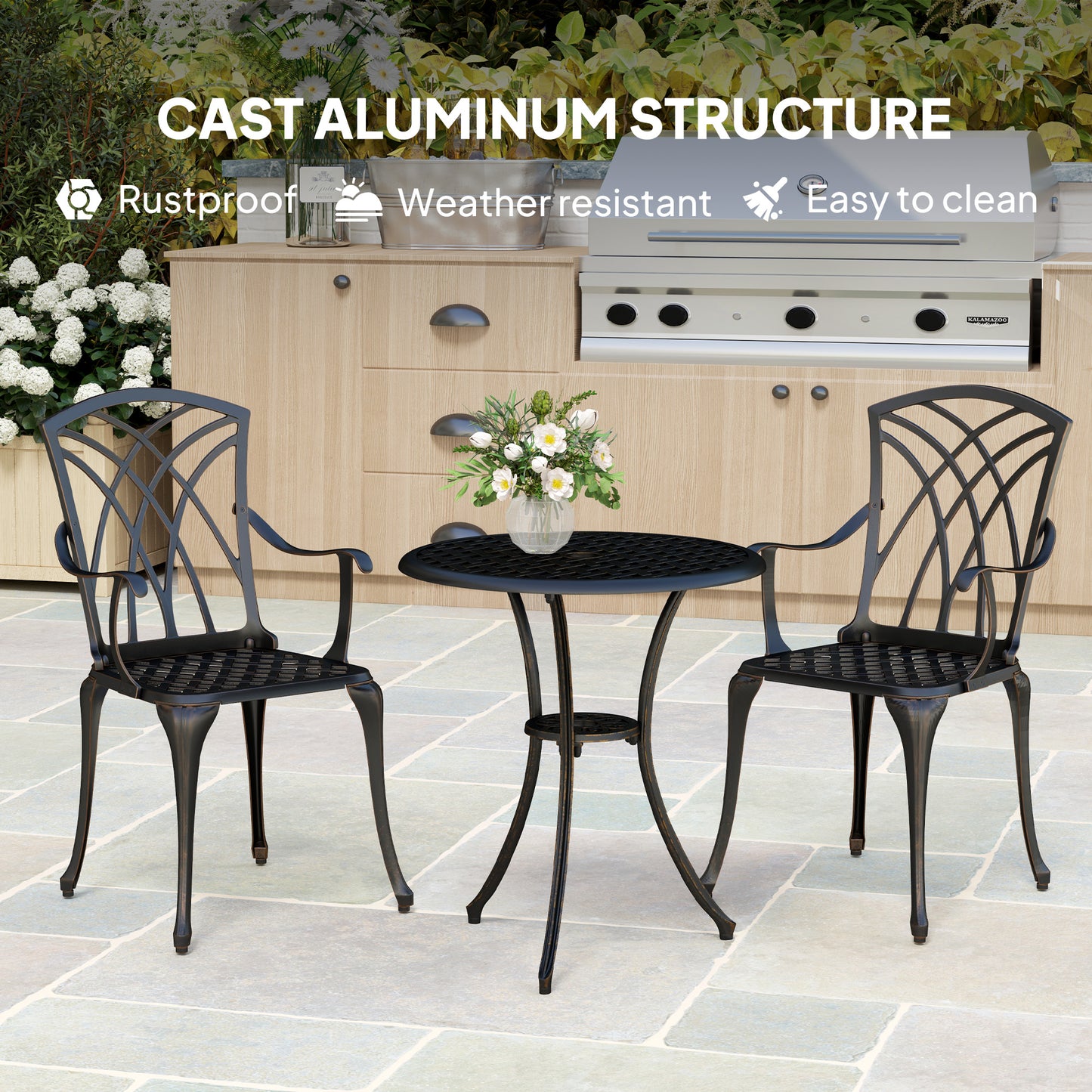 Outsunny 3 Piece Garden Dining Set For 2 Cast Aluminum Round Table With Parasol Hole And 2 Armchairs