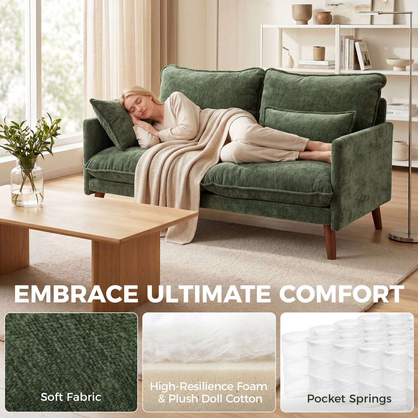HOMCOM 2 Seater Sofa Loveseat in Green With Pocket Springs High Density Foam Plush Comfort Wood Legs