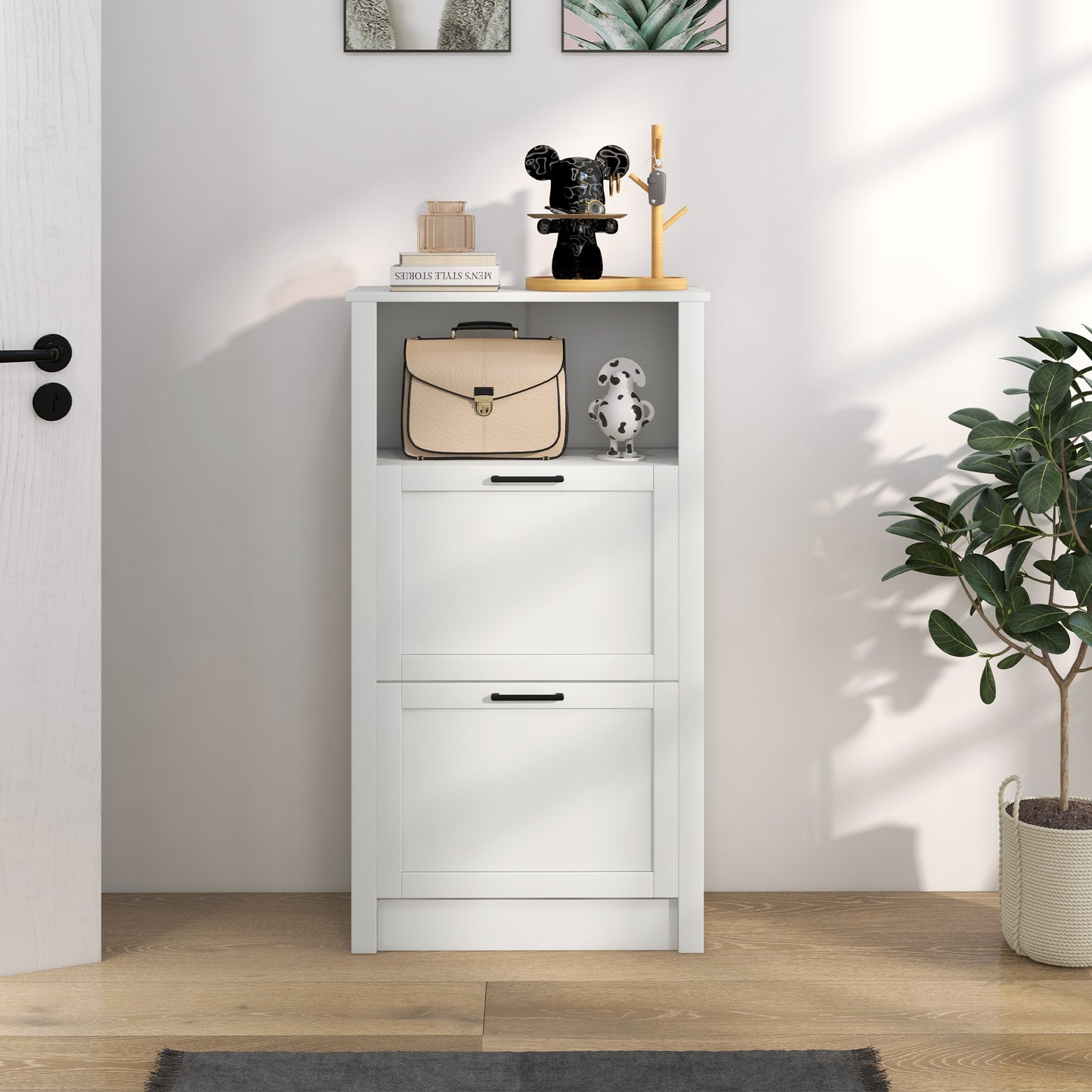 HOMCOM Modern Narrow Shoe Cabinet With 2 Flip Drawers And Adjustable Shelves, White, Holds 10 Pairs For Entryway Hallway
