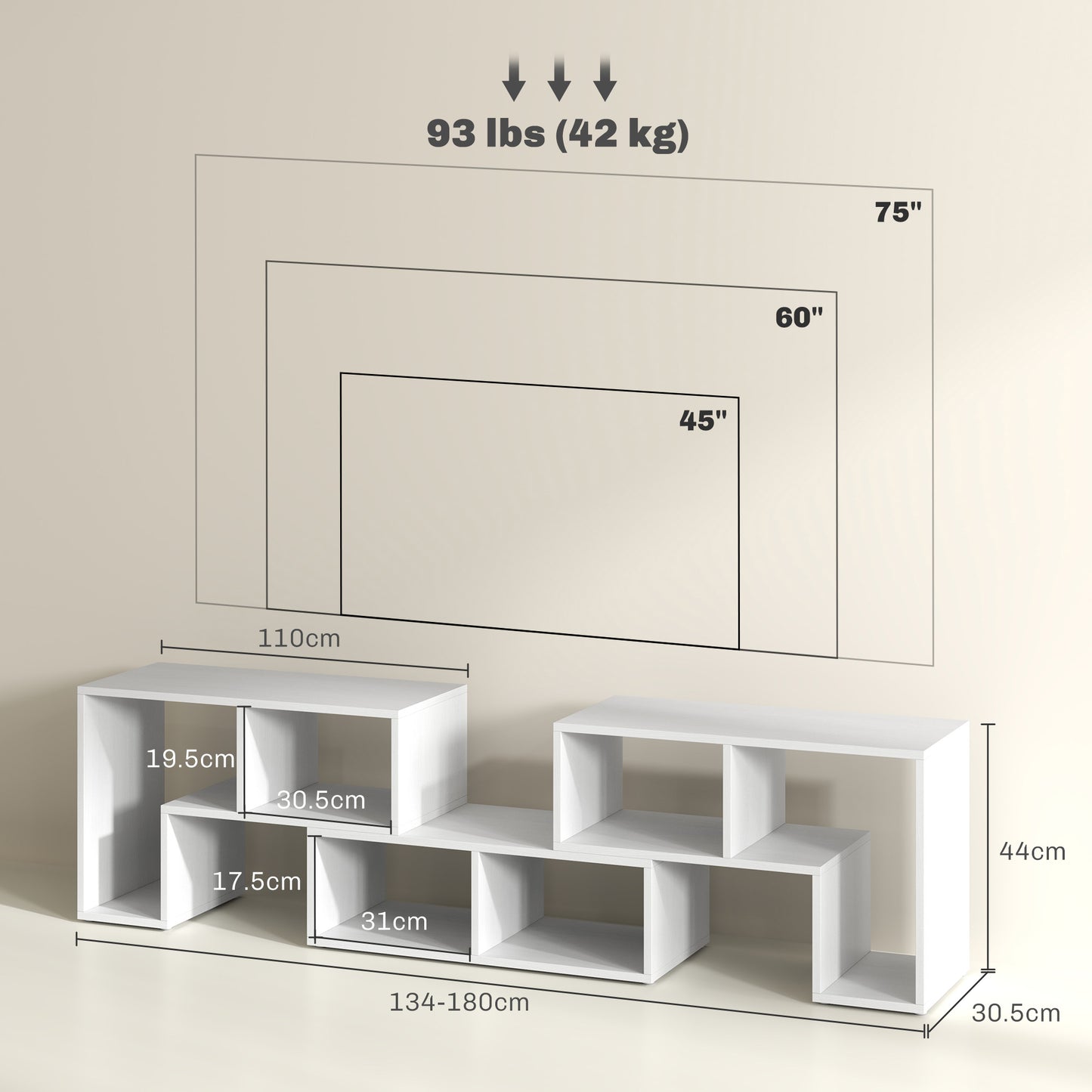 HOMCOM Three Block Modular TV Stand White Wood Effect With Six Shelves For Up To 75 Inch Screens