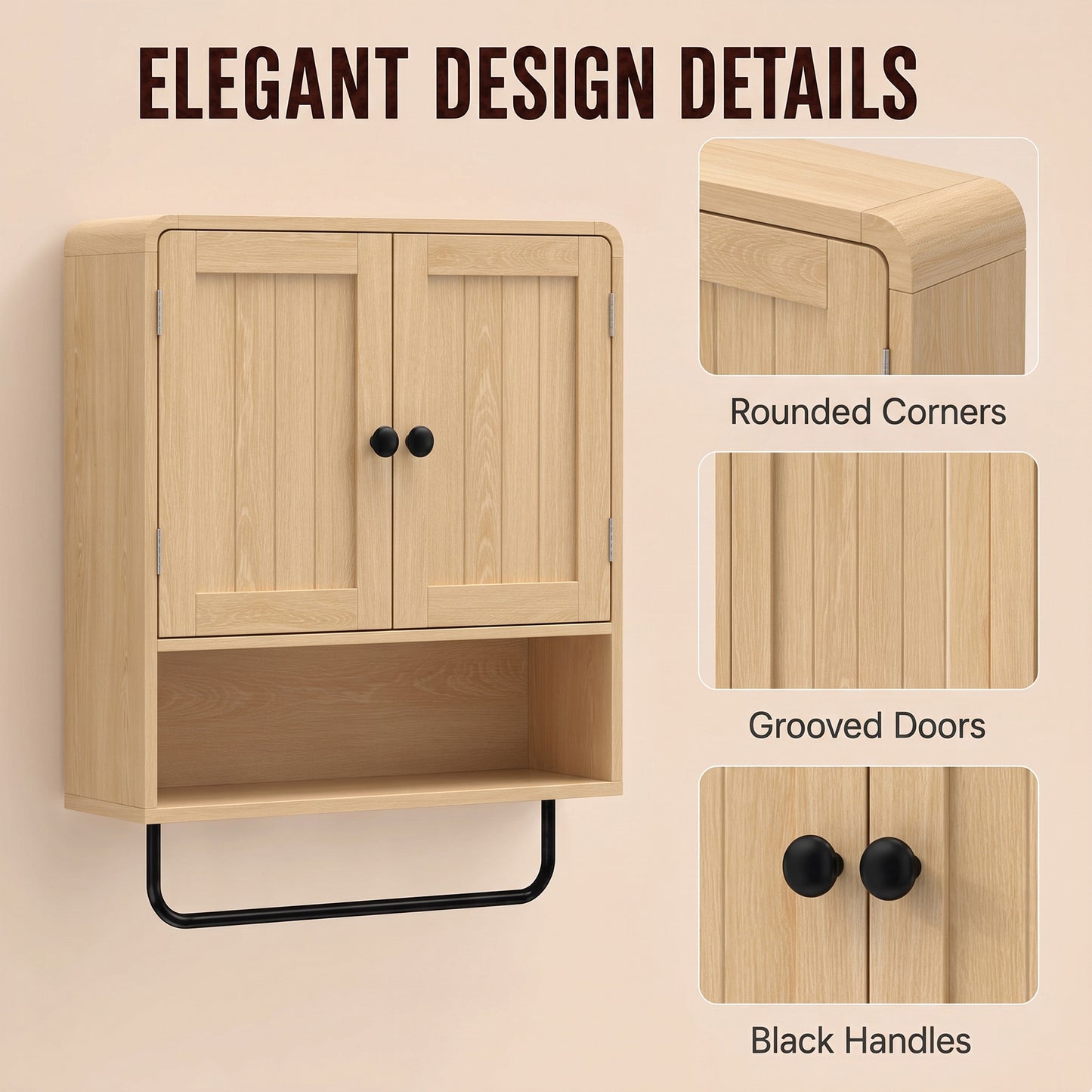 HOMCOM Oak Finish Wall Mounted Bathroom Cabinet With Two Doors And Adjustable Shelf Storage