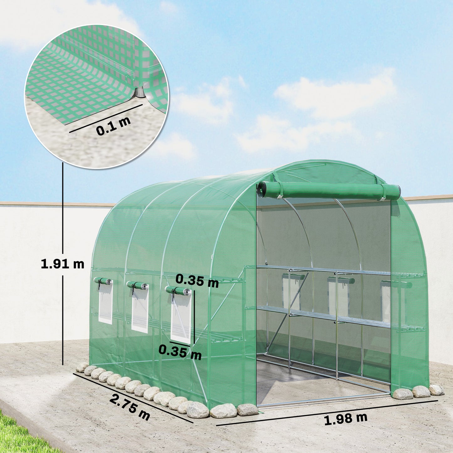Outsunny Walk In Greenhouse Polytunnel With Shelves Roll Up Door 6 Mesh Windows UV Resistant 198 x 275 x 191 cm Green