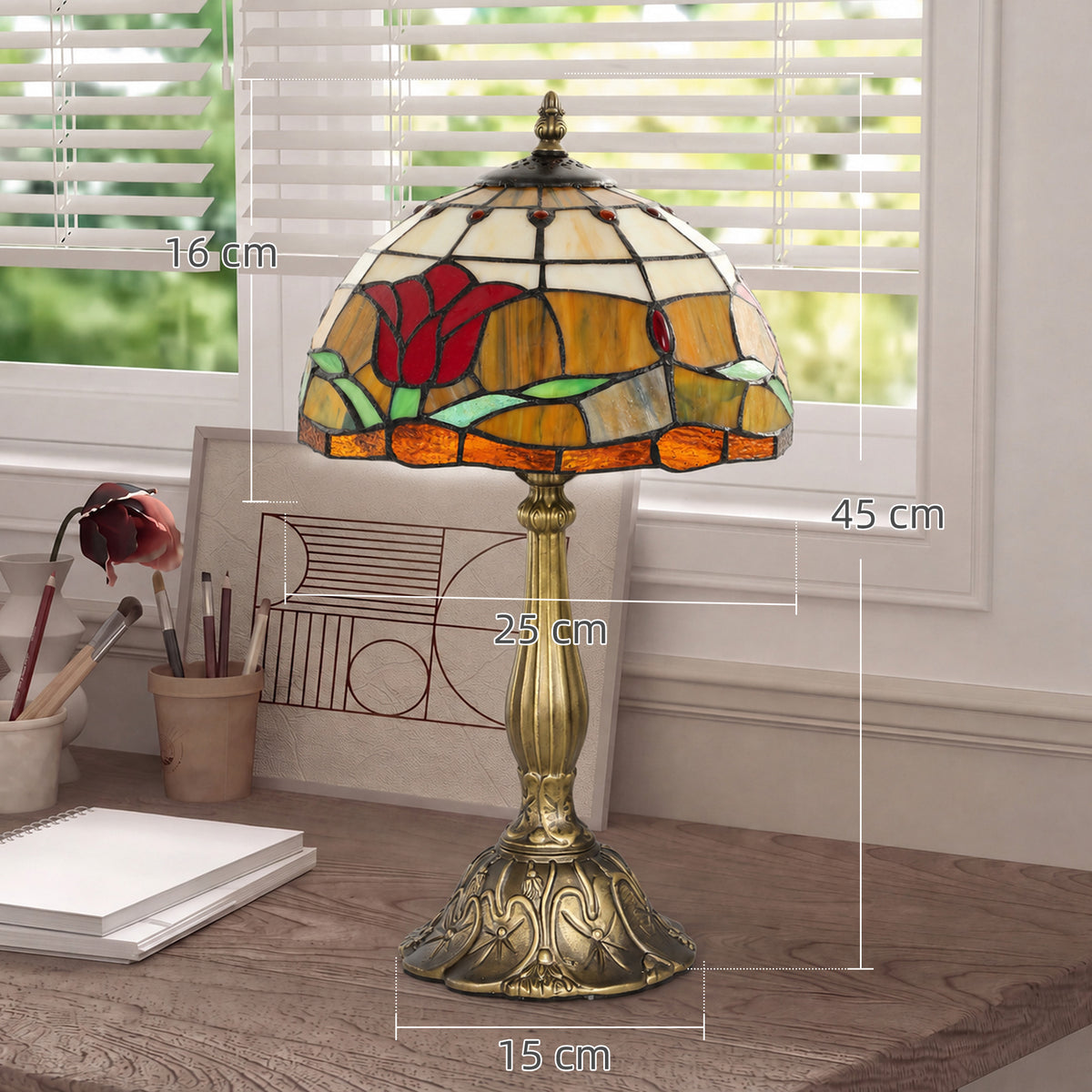 Tiffany stained glass table lamp with dimensions: 45 cm tall, 16 cm shade width