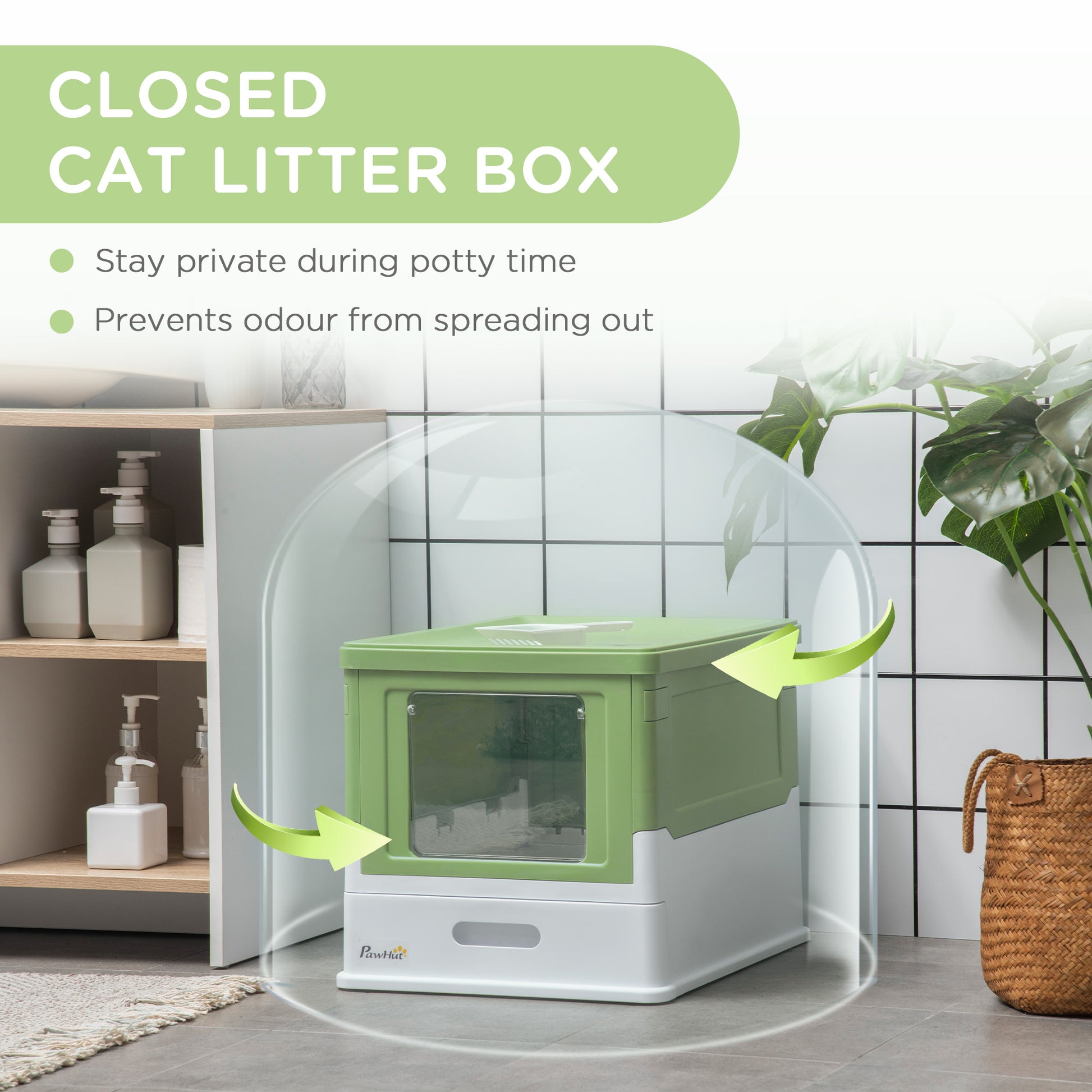 PawHut Enclosed Cat Litter Box with Front Entry, Portable Pet Toilet & Scoop - Lime Green - ALL4U RETAILER LTD