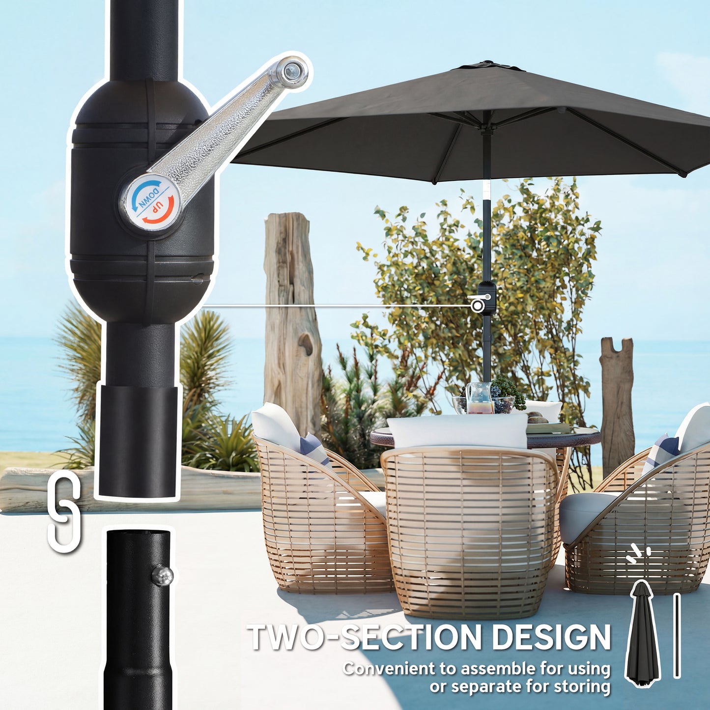 Outsunny 2.6 Meter Garden Parasol Umbrella With Aluminium Pole Outdoor Patio Tilt And Crank Vent Black