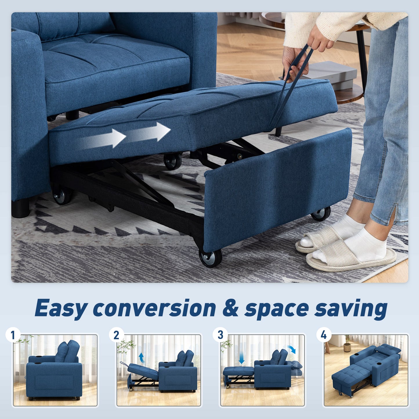 HOMCOM 3 In 1 Sofa Bed Convertible Armchair Lounger And Single Bed Dark Blue 95 x 190 cm