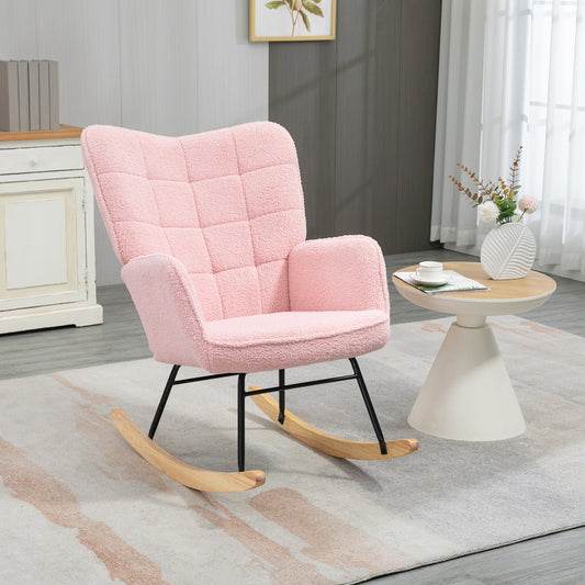 HOMCOM Soft Fleecey Rocking Wingback Chair Pink Large Plush Comfort With High Back And Armrests