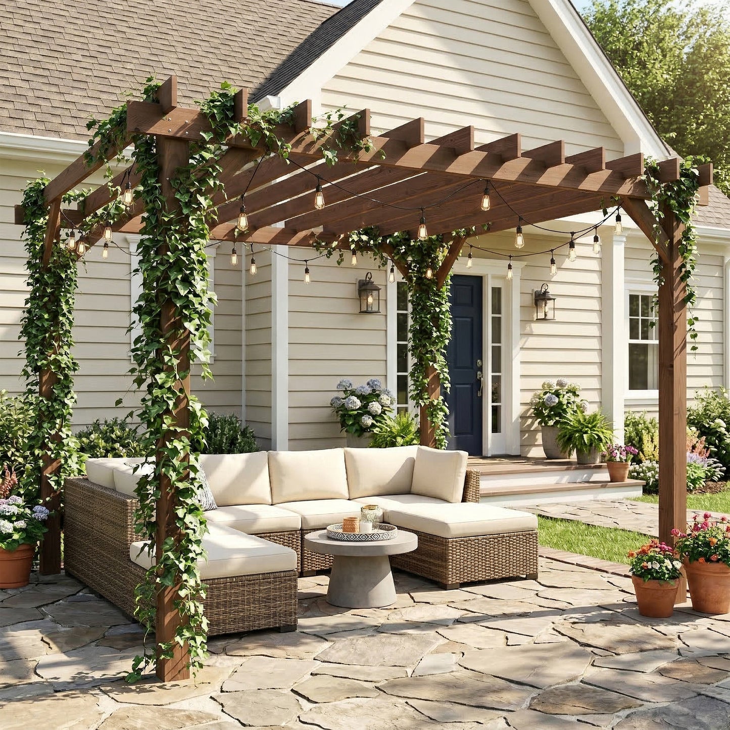 Outsunny 3.6 x 3 m Wooden Pergola Kit Garden Gazebo Grape Trellis With Triangle Supports Maple Wood Effect