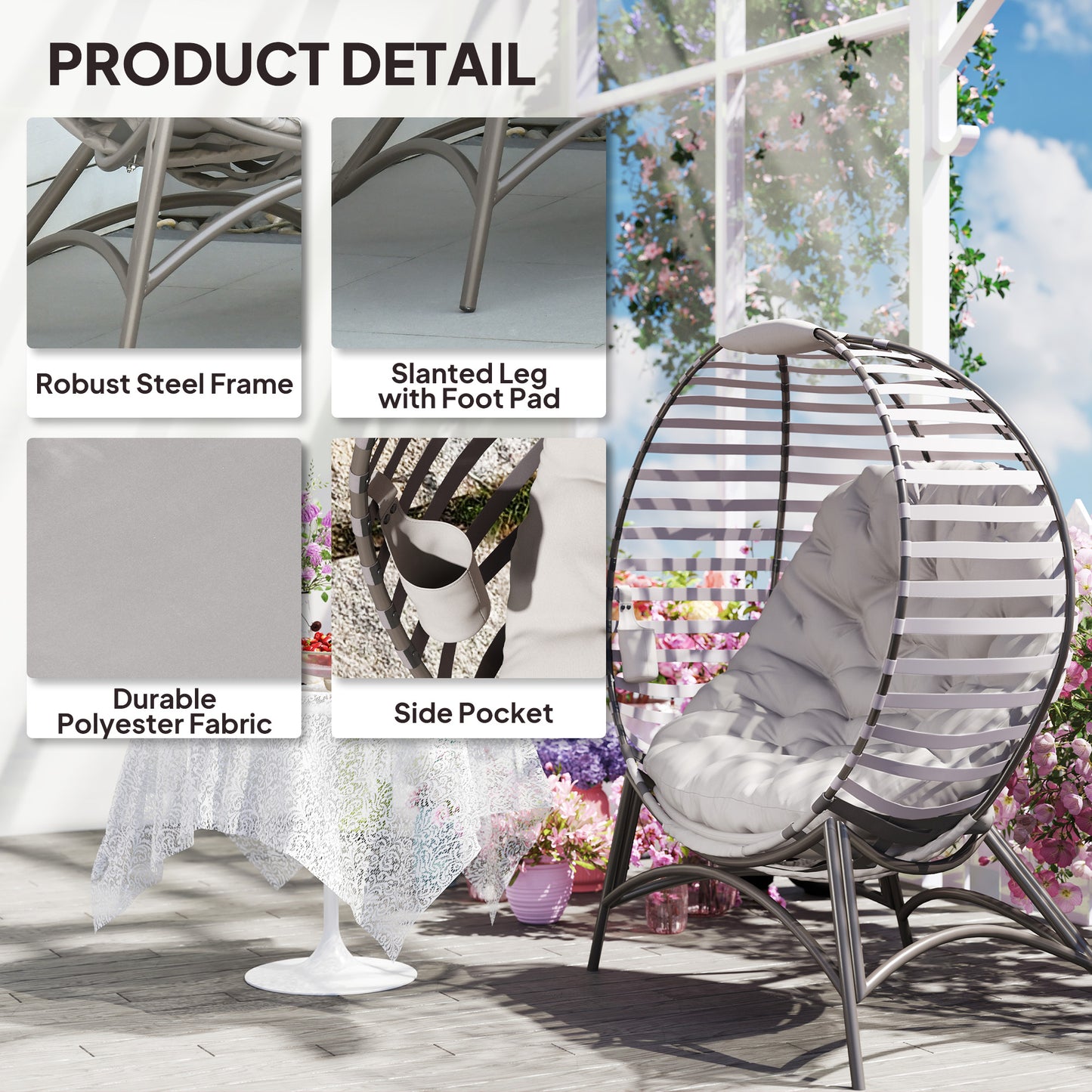 Outsunny Egg Chair With Plush Cushion And Side Pocket For Outdoor Use In Light Grey