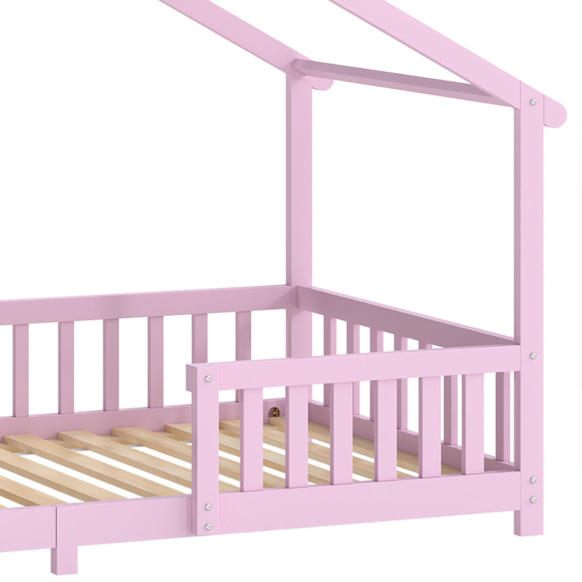 AIYAPLAY Pink Solid Pine House Bed Frame for Kids with Dual Guardrails