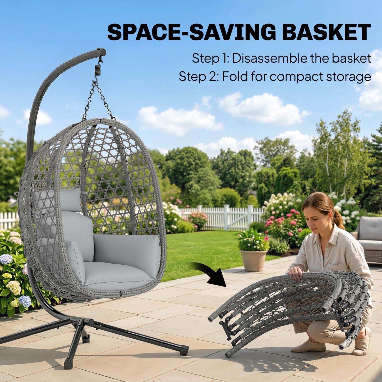 Outsunny Hanging Egg Chair Indoor Outdoor Rattan Hammock Swing Chair With Stand Safety Strap Foldable Basket Dark Grey