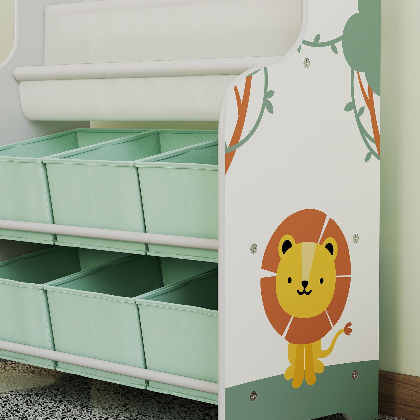 AIYAPLAY Kids Toy Storage Unit With 6 Fabric Drawers And 2 Tier Sling Book Rack For Bedroom Playroom Nursery Green